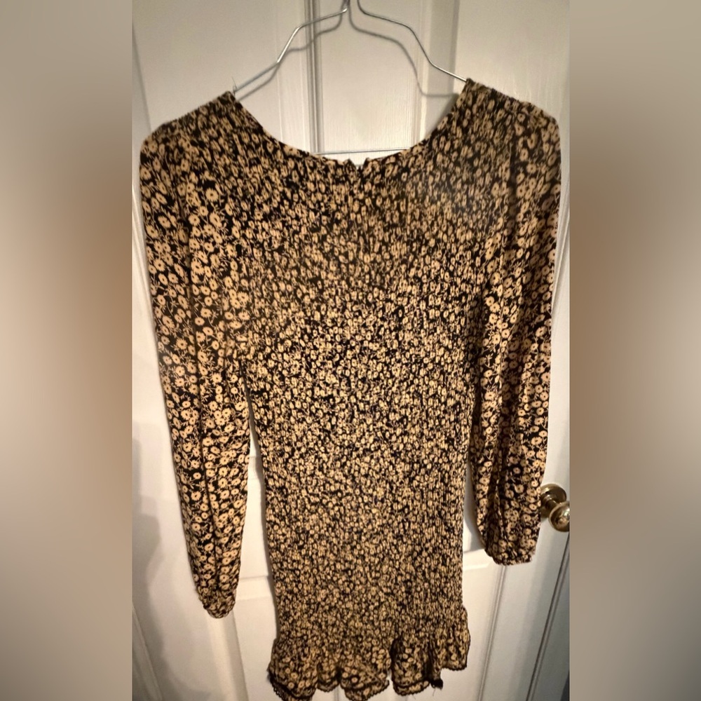 Lost+Wander Black Mini with Gold Floral Print, all over smocking, ruffle trim.S - Picture 10 of 14
